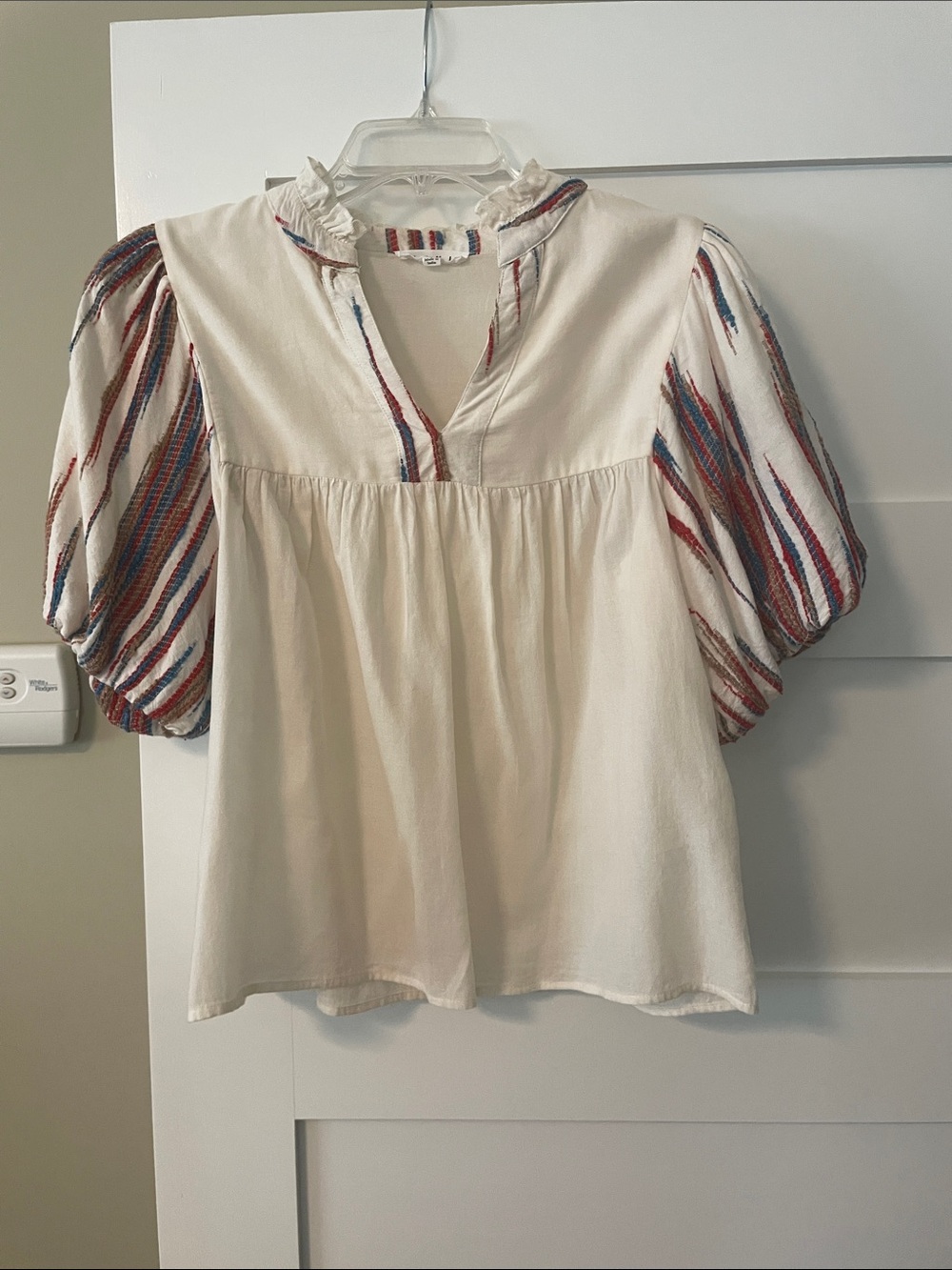 Cream THML Blouse with embroidered Puff Sleeves